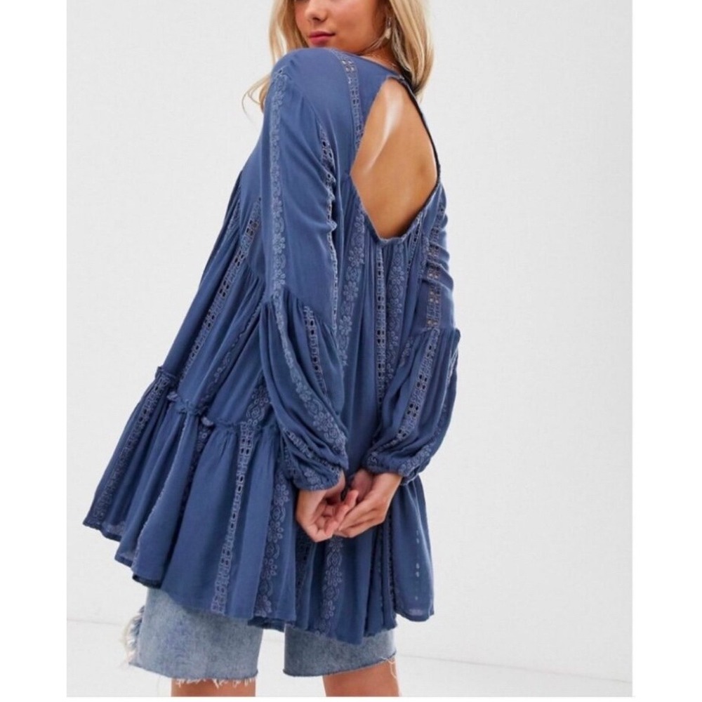 Free People Kiss Kiss Blue Prairie Lace Embroidered Flowy Boho Top Small - Picture 7 of 9